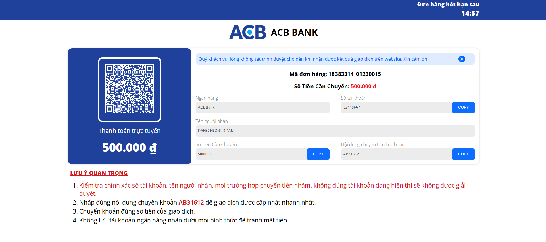 Liên kết thanh toán để gửi tiền vào sòng bạc thành công