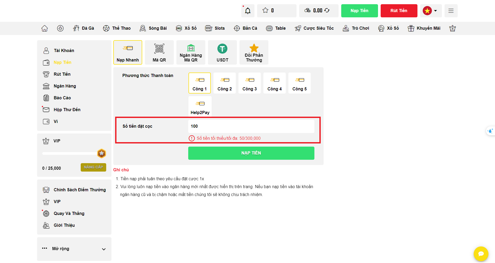 Chọn phương thức gửi tiền Bet Visa và chọn số tiền