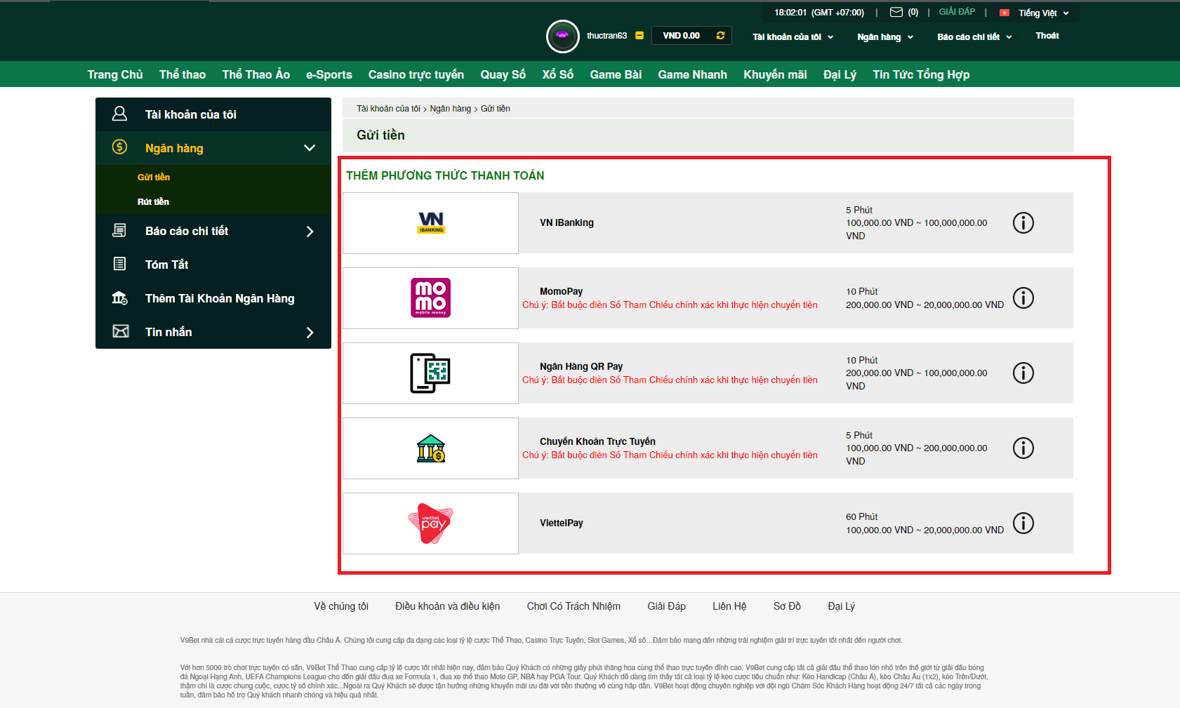 Nhiều phương thức gửi tiền vào tài khoản của bạn